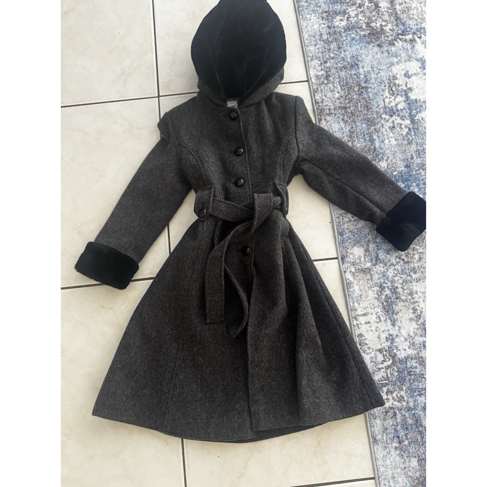 Vintage Rothschild Girls 100% Wool Fur Cuffs Long Charcoal Dressy Jacket Sz 8